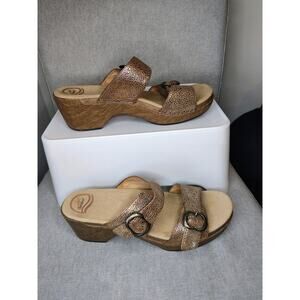 Dansko Tan Metallic Iridescent Slip On Open Toe Buckle Sandals
